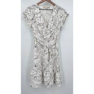 Monteau Linen Blend Dress Women Small Ivory Floral V-Neck Belted Knee Length